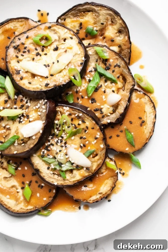 roasted eggplant rounds drizzled with miso sauce and garnished with green onions and sesame seeds