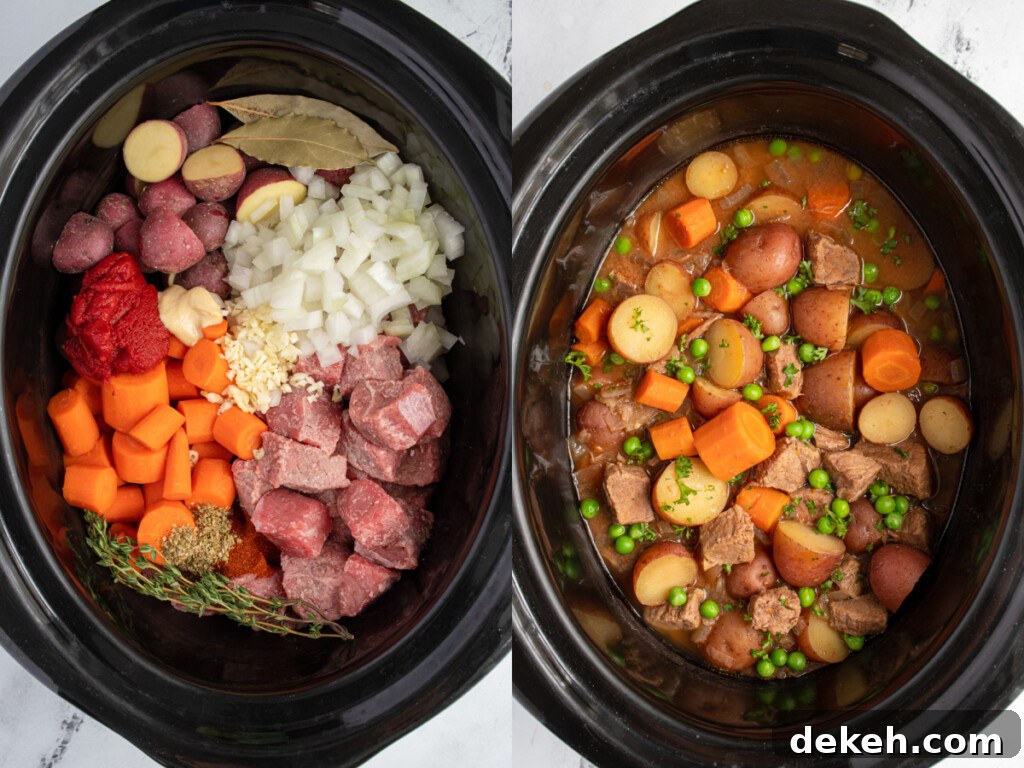 Before and after of the ingredients to make beef stew in the crockpot and after when it is all cooked.