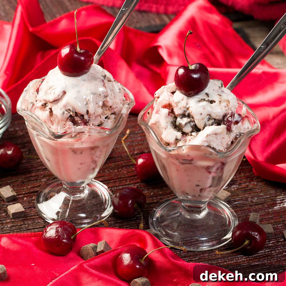 Homemade cherry garcia cottage cheese ice cream in a bowl.