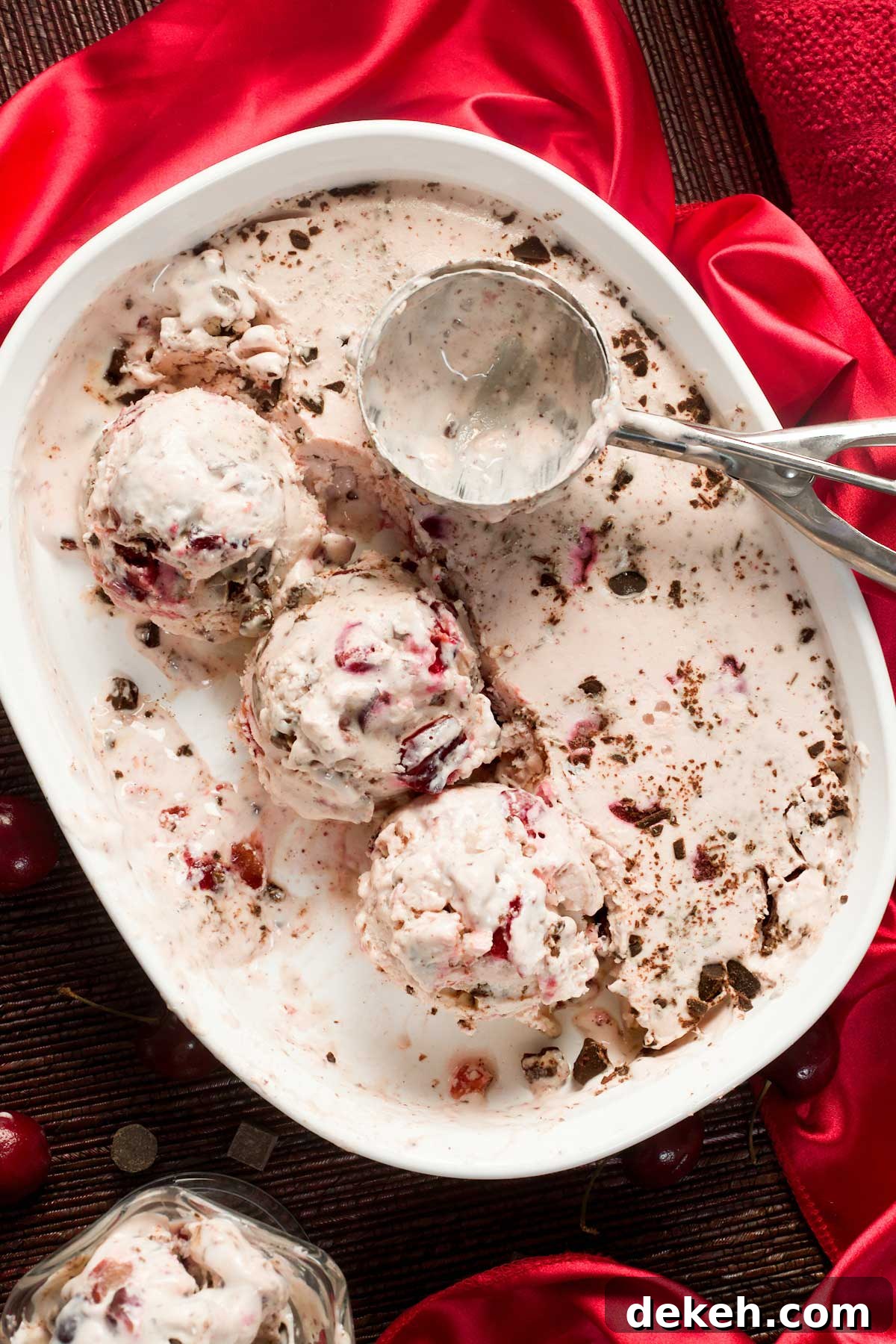 Homemade cherry garcia cottage cheese ice cream in a bowl.