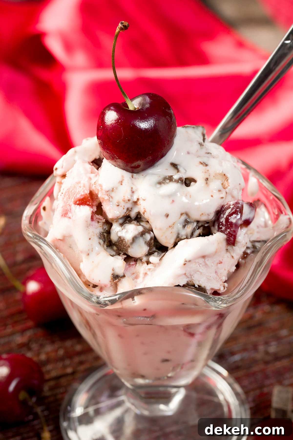 Homemade cherry garcia cottage cheese ice cream in a bowl.