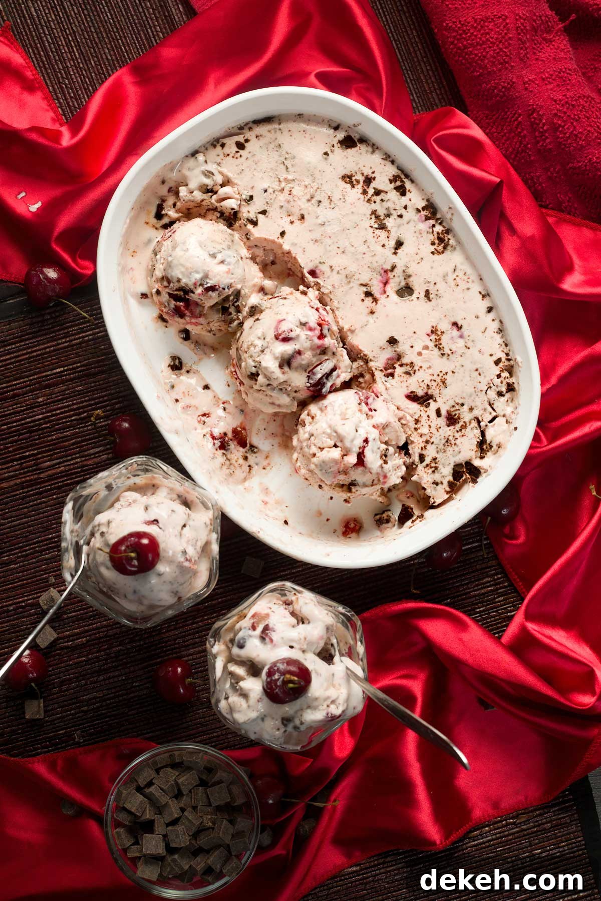 Homemade cherry garcia cottage cheese ice cream in a bowl.