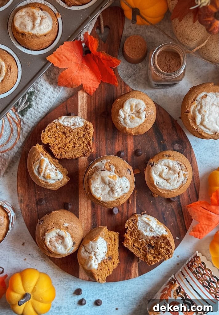 Pumpkin cream cheese muffins with chocolate chips on wooden board – fall baking recipe inspired by Starbucks pumpkin muffin.