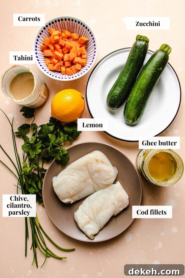 Photo shows ingredients needed to make baked oven cod dish