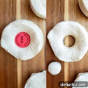 Prep image for chocolate glazed donut recipe. The image is a collage and shot from above. The image on the left is a whole donut with a bottle cap in the center. On the right in the donut cut and the whole to the side.