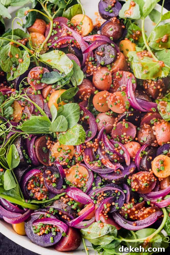 no mayo potato salad with colorful baby potatoes, shallots, watercress and paprika vinaigrette