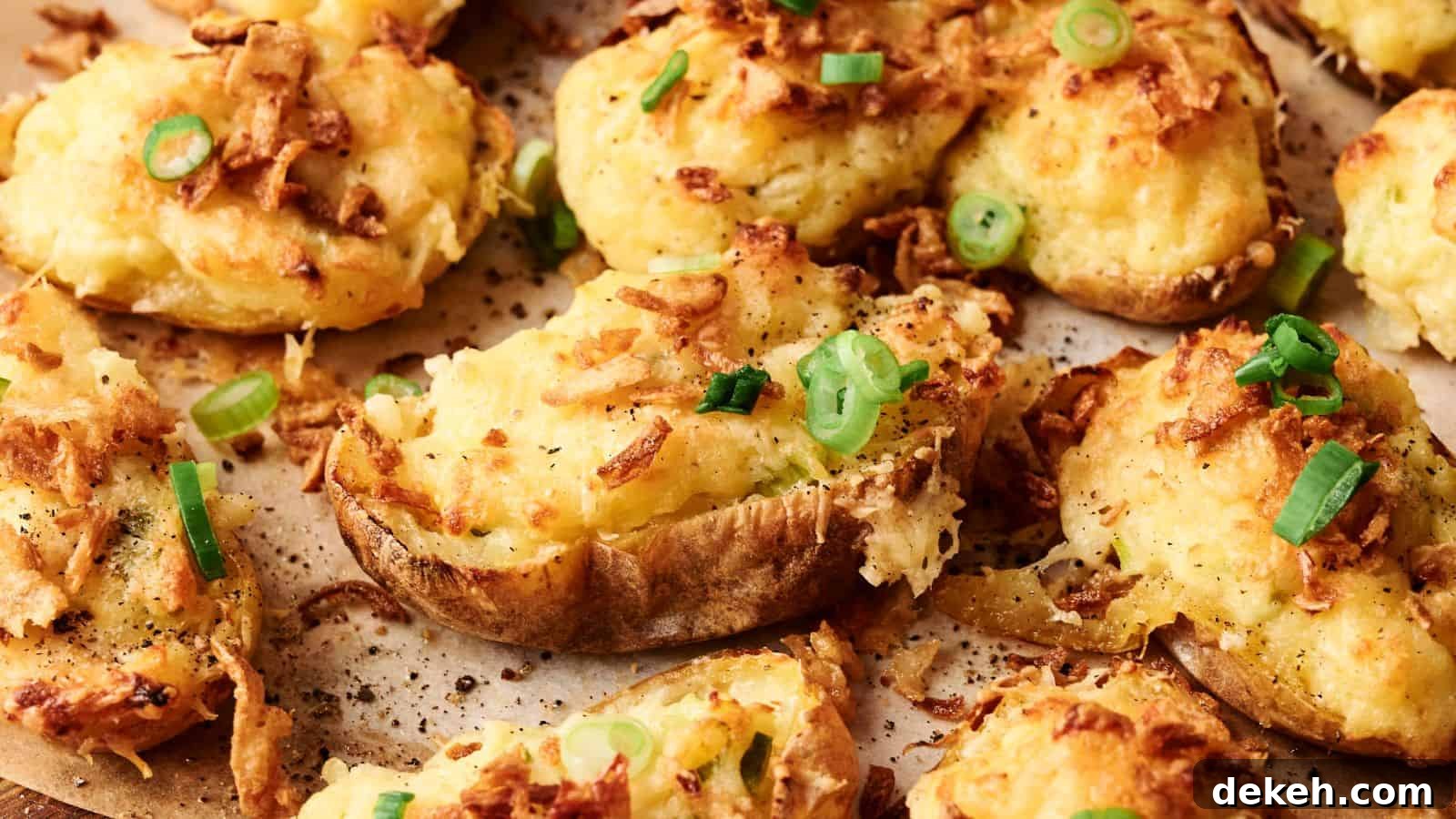 Twice-baked potatoes topped with melted cheese and chopped green onions on a baking sheet.