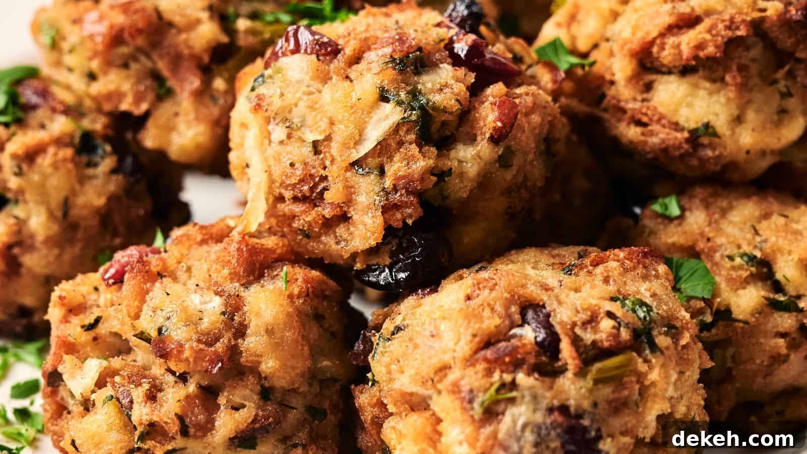 Close-up of several stuffing balls containing herbs and dried cranberries, garnished with fresh parsley.