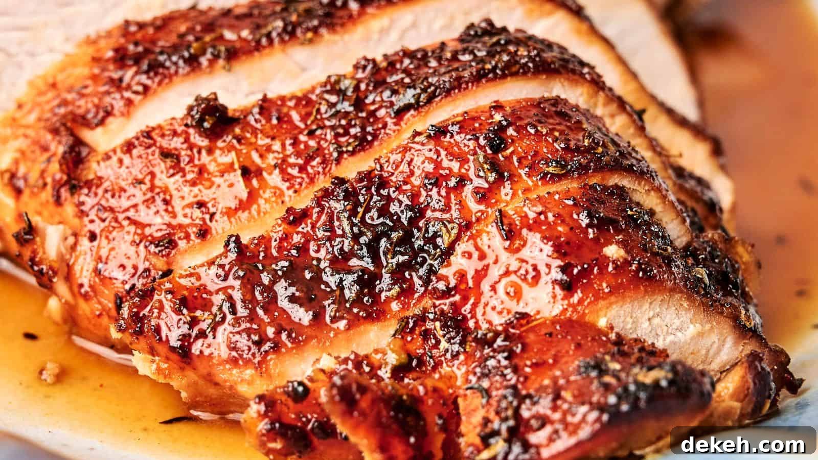 Close-up of sliced glazed turkey breast with visible seasoning.