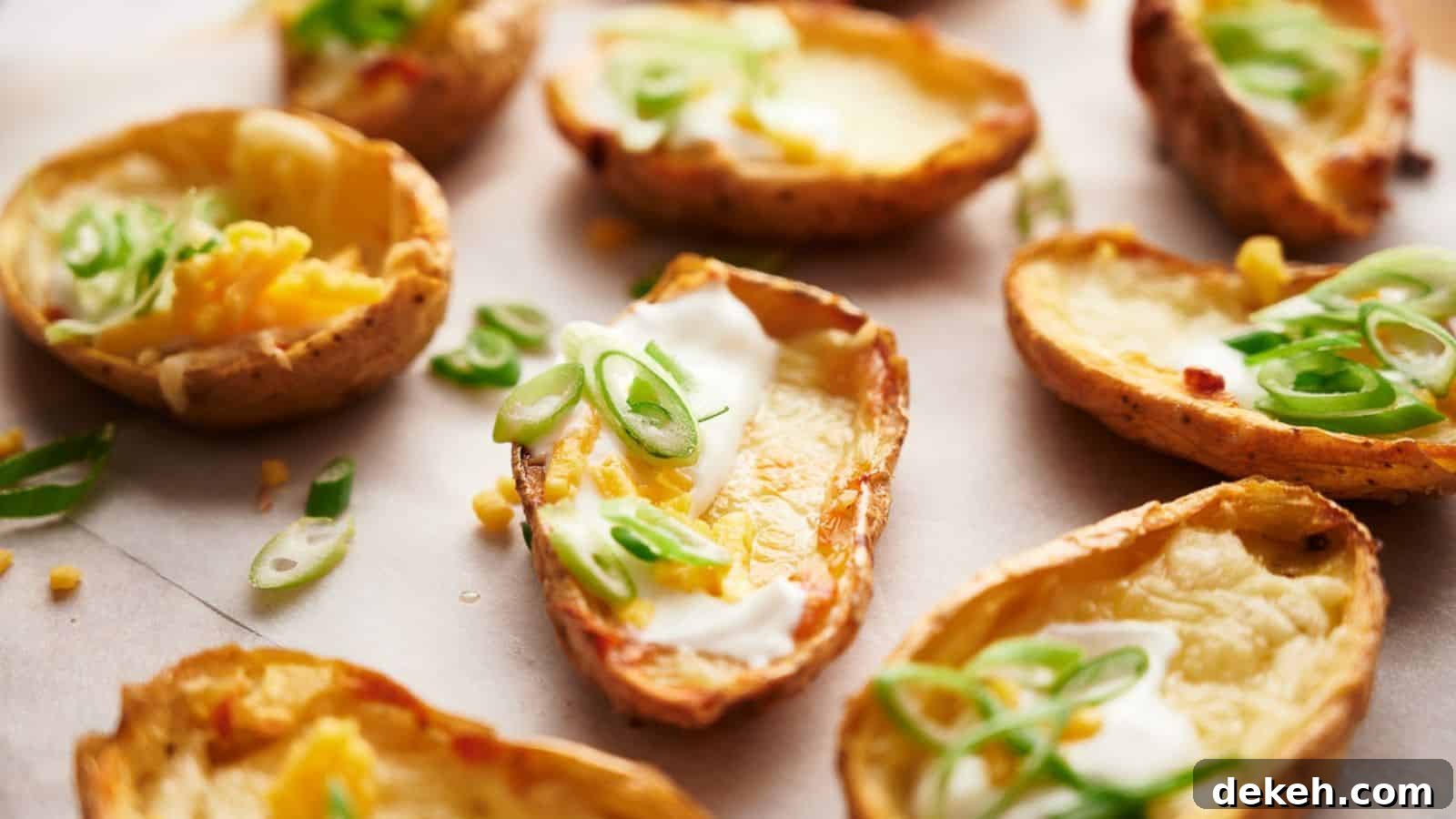 Potato skins with sour cream and sliced scallions.