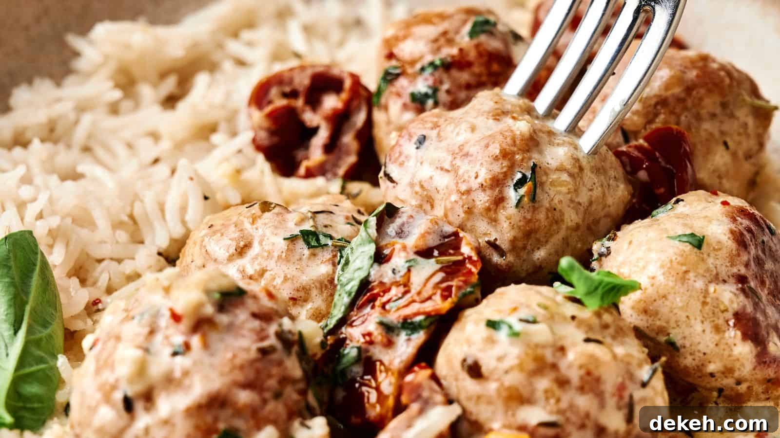 A close-up of meatballs in a creamy sauce with herbs, sun-dried tomatoes, and a side of white rice, with a fork picking up one meatball.