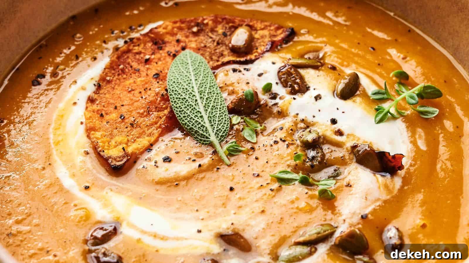 A mouthwatering close-up of pumpkin soup garnished with a swirl of cream, crunchy pumpkin seeds, a crispy slice, and aromatic sage leaves.