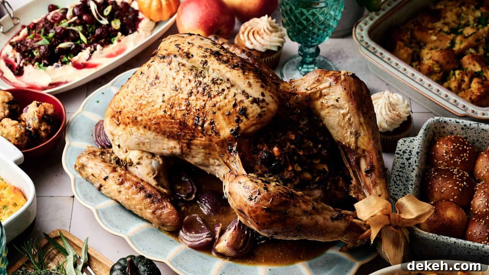 A roasted turkey stuffed with vegetables is served on a platter, surrounded by various side dishes including rolls, salad, and stuffing.