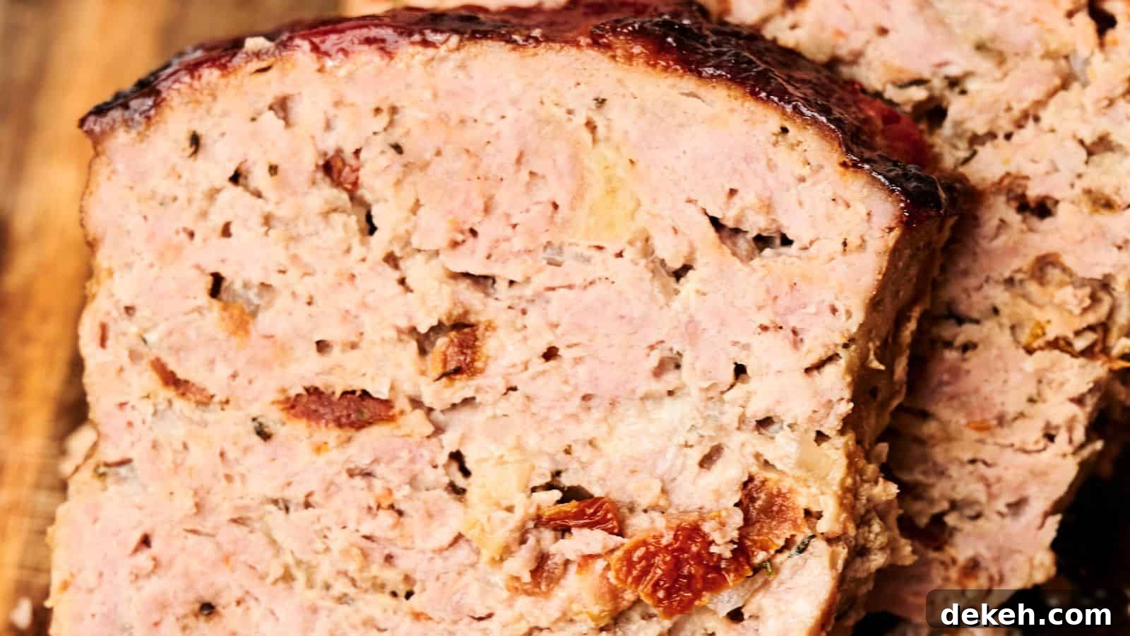 Close-up view of sliced turkey meatloaf with a browned crust on top, revealing a moist and textured interior. The meatloaf appears to contain pieces of onions and possibly sun-dried tomatoes.