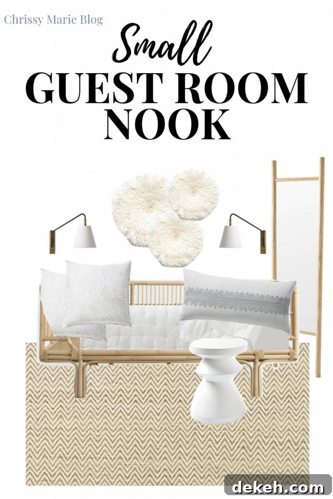 Pinterest Image That Shows a rattan daybed being styled with art
