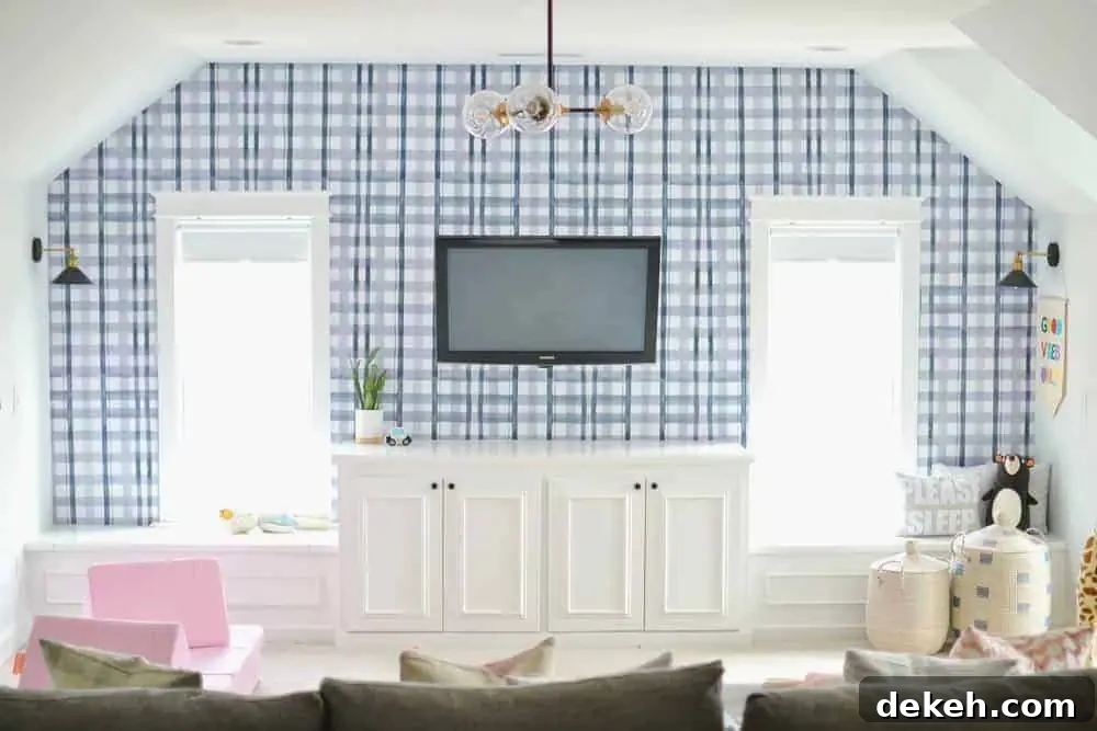 a playroom with blue wallpaper