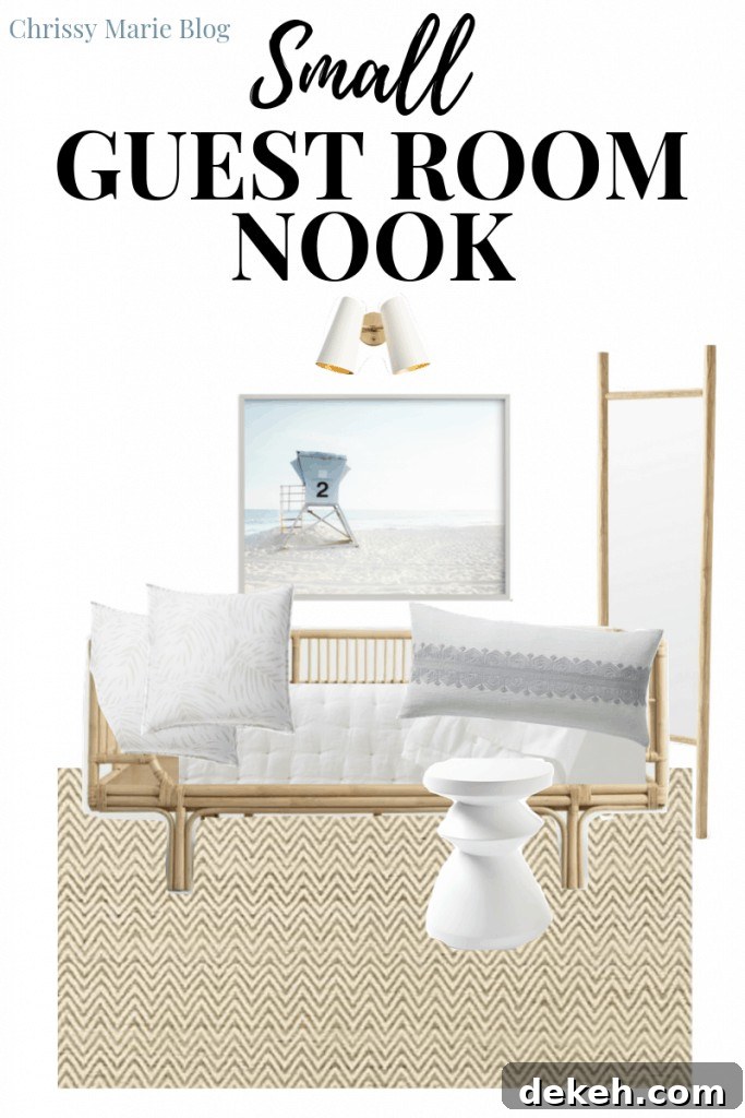 Pinterest Image That Shows a rattan daybed being styled with pillows