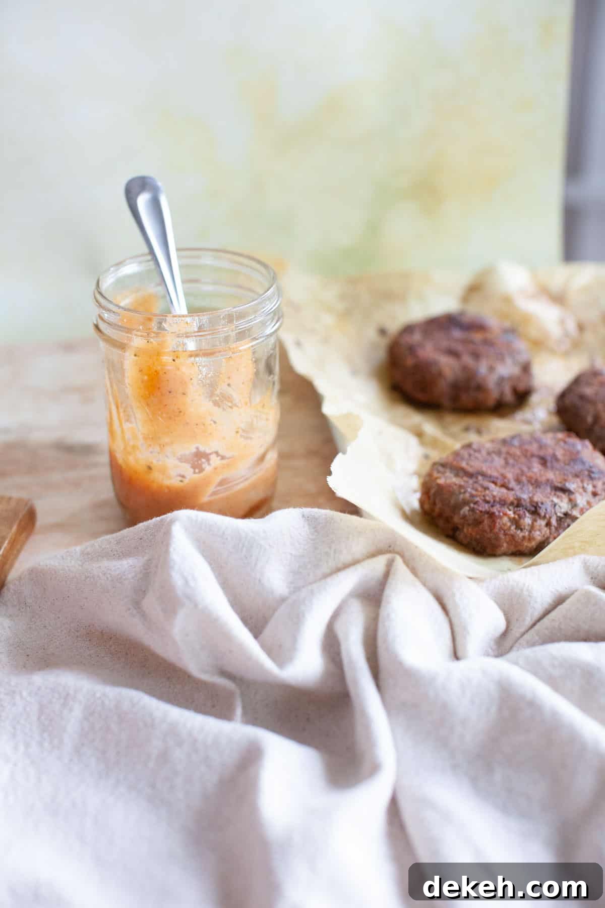 Burger sauce in a mason jar sitting next to homemade beef burger patties.