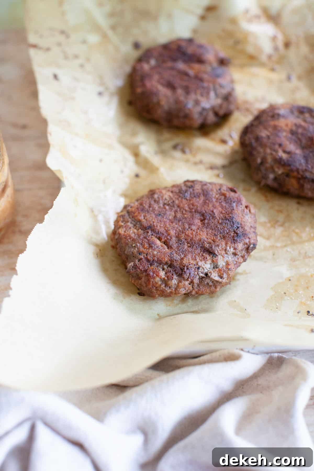Grilled beef burgers on a baking sheet lined with parchment paper.