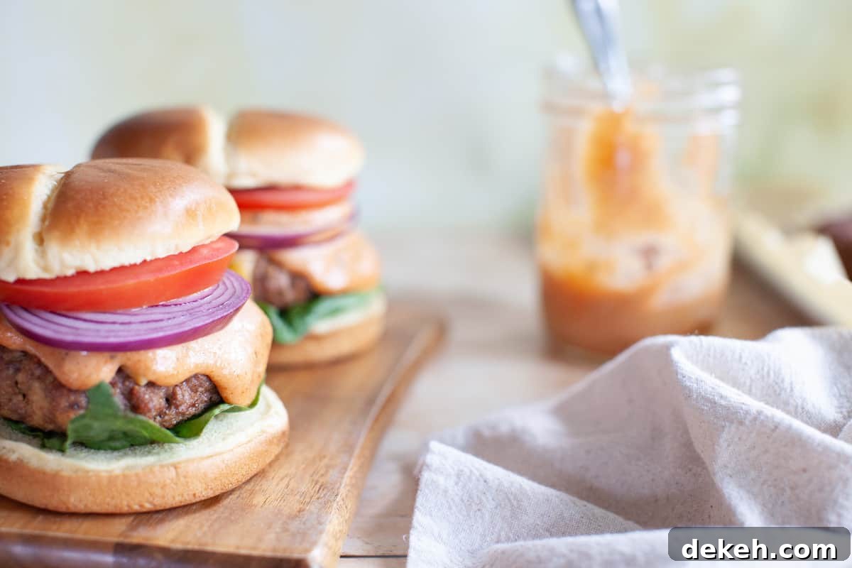 Beef burgers on a cutting board with burger sauce.