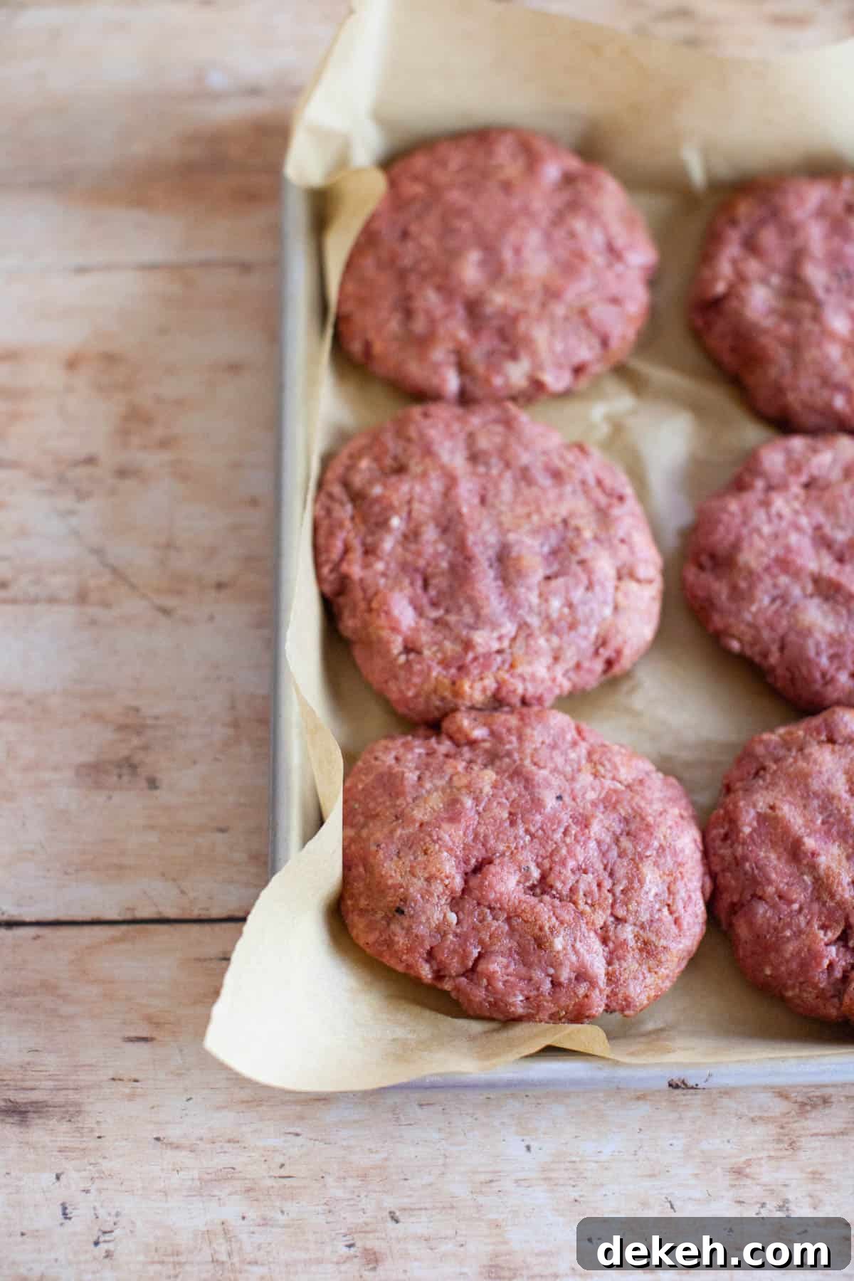 Beef burger patties on a baking sheet lined with parchment paper.