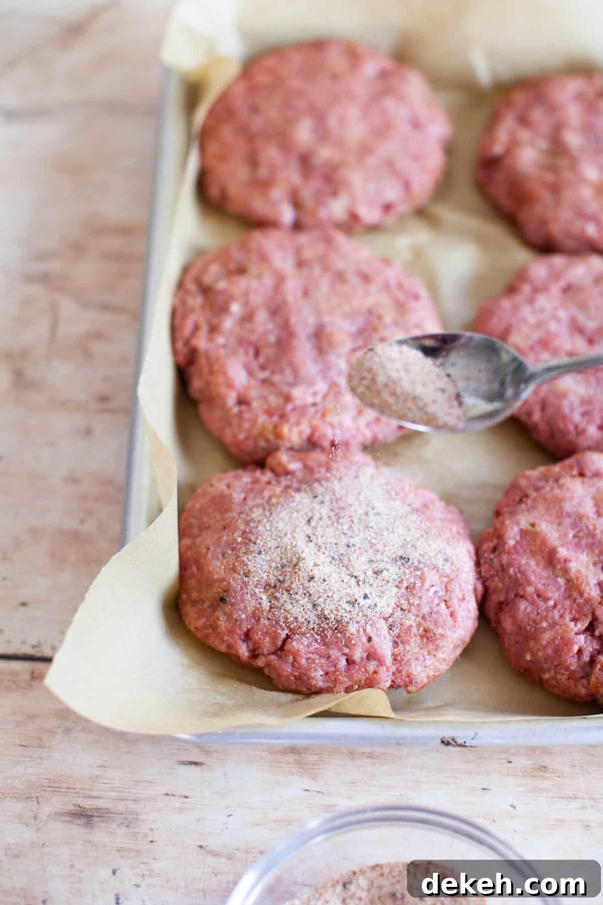 Spooning burger seasoning on burgers