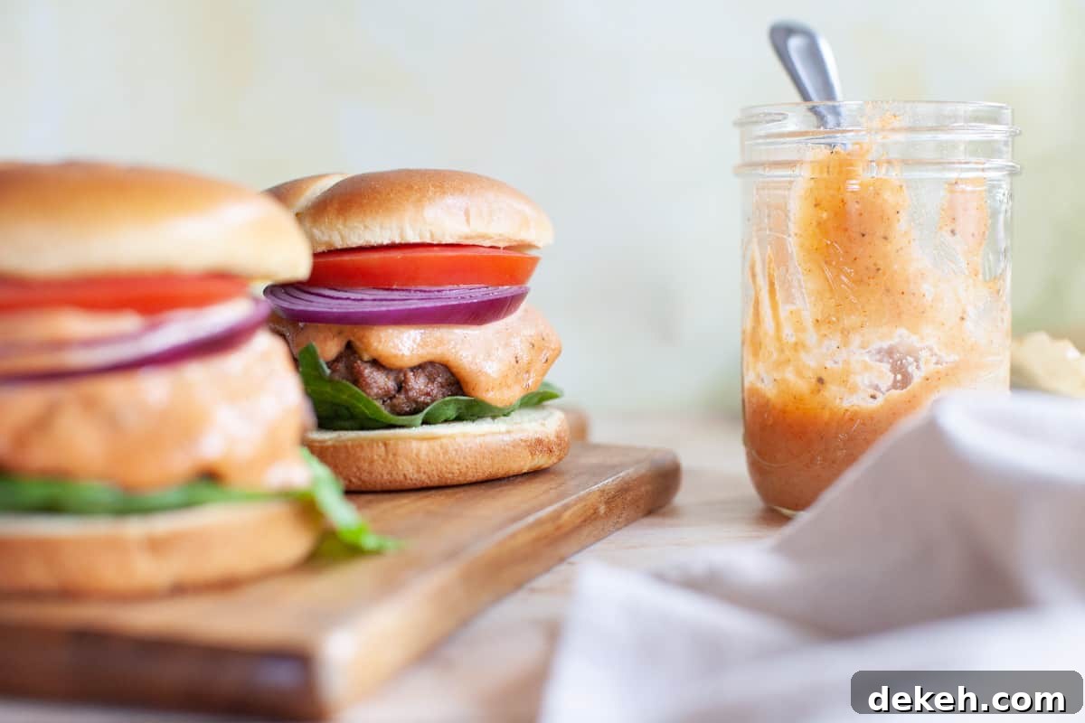 A close-up of burger sauce in a mason jar with burgers next to it.