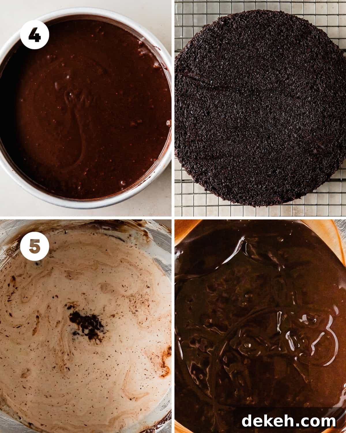 Evenly pour the chocolate cake batter into the prepared cake pan. Bake the cakes for about 35 - 45 minutes. Cool the cakes in the pan for 15 minutes then carefully remove the cakes from the pan to cool completely. While the cake cools, make the chocolate ganache frosting. 
Pour the chocolate chips or chopped chocolate into a mixing bowl. Heat the heavy cream to a very light simmer either in a small sauce pan over low heat or by heating the cream in the microwave for 30 - 45 seconds. Pour the heavy cream over the chocolate and allow the chocolate to melt for about 3 minutes. Using a spoon or spatula, gently mix the heavy cream and chocolate until the chocolate has fully melted into the cream. Allow the ganache to fully cool until it’s become more like a soft fudge like consistency. 