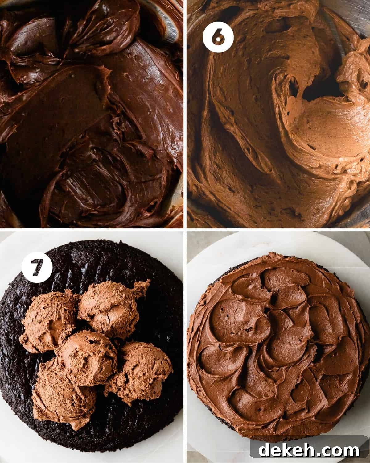 Once the chocolate ganache has fully cooled and thickened, whip the ganache on medium-high speed for 3 - 4 minutes until lightened and increased in size.
Evenly spread the chocolate ganache cake with the whipped ganache topping. Use the back of a small spoon to create some decorative swirls and swoops if you like!