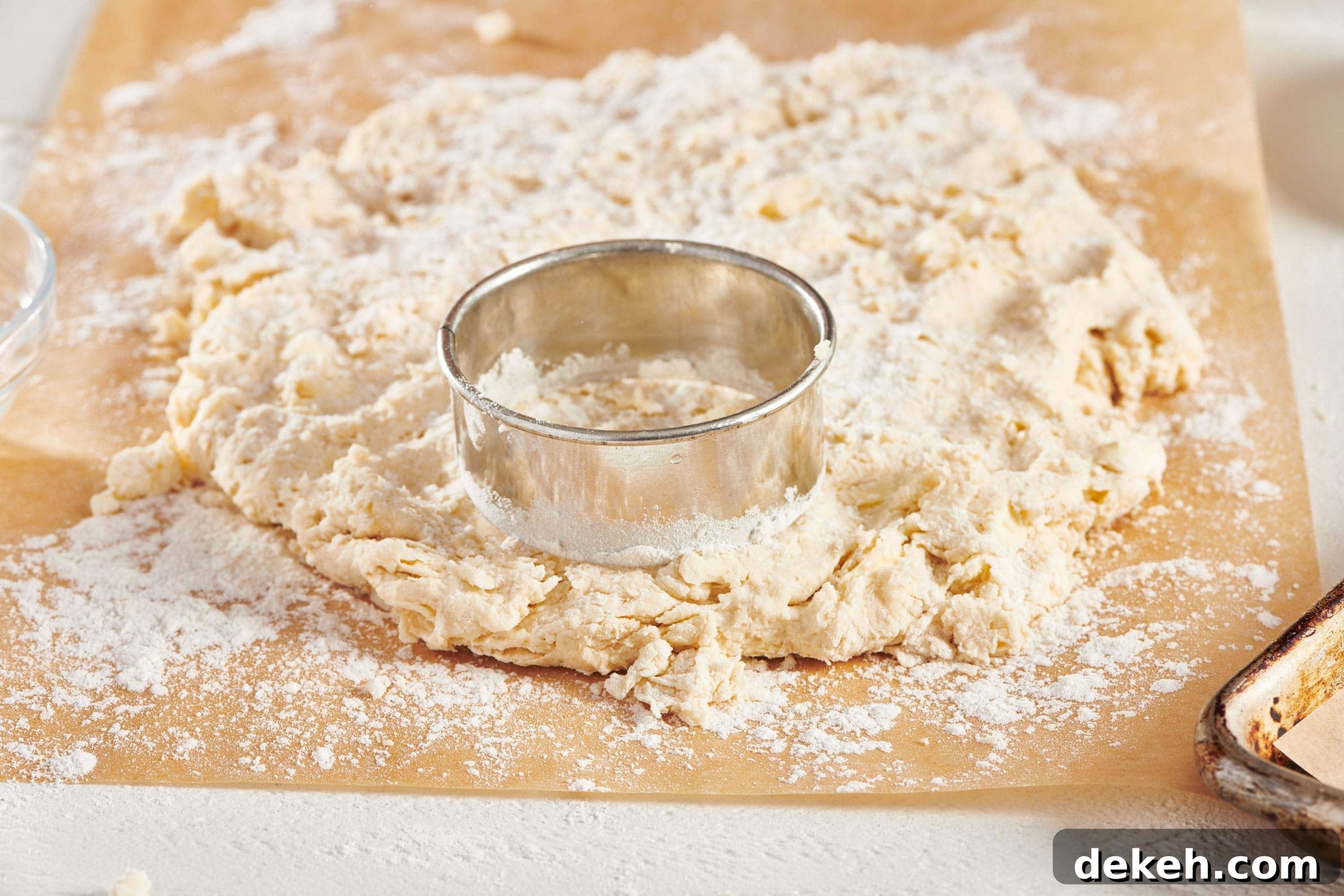 Biscuit dough being cut into biscuits on a floured surface.