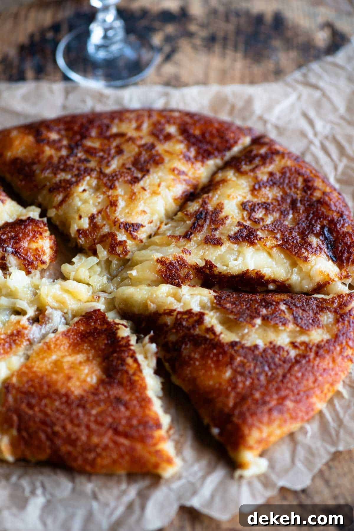 Frico (fried cheese and potato) on a wooden surface.