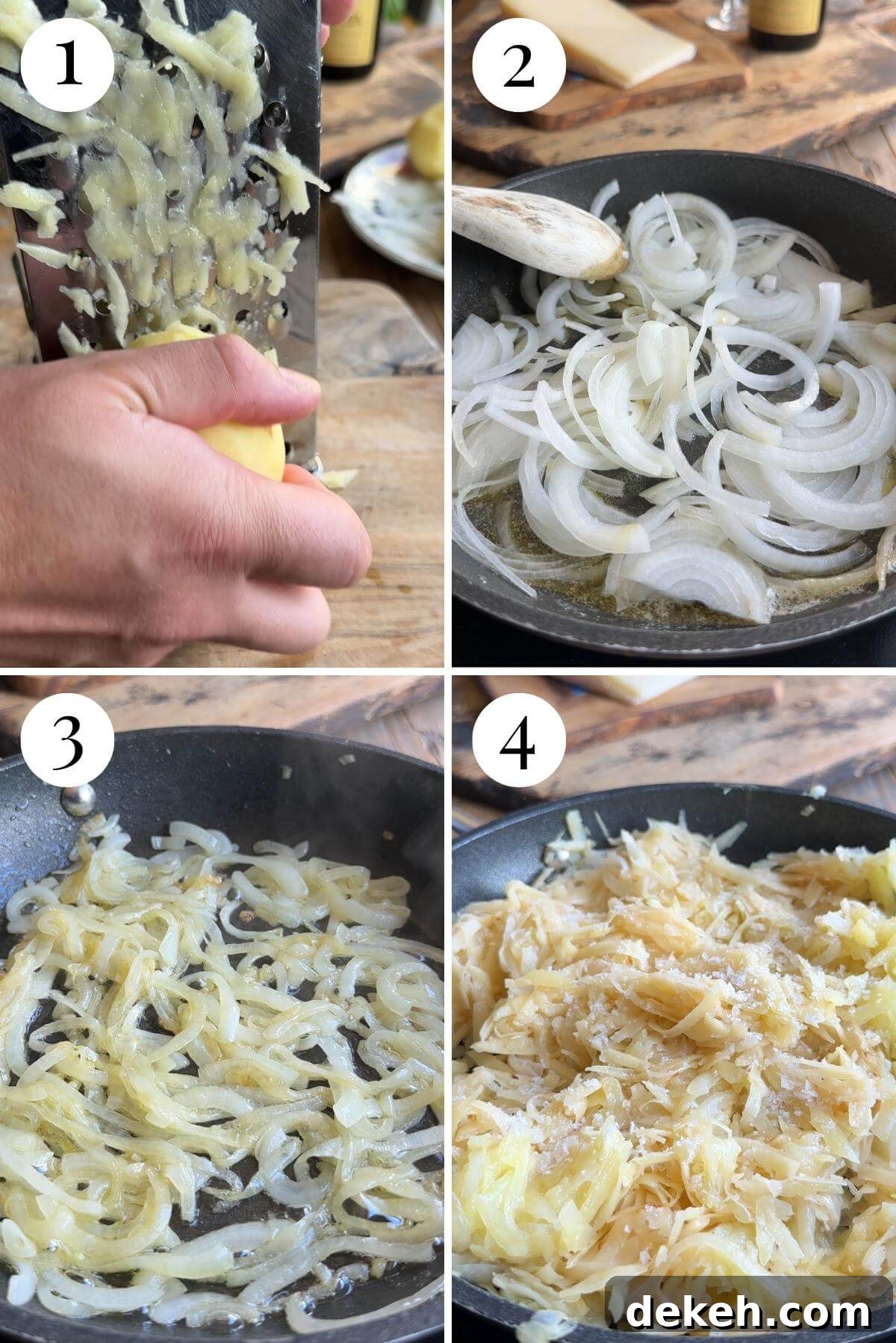 Four photos in a collage showing how to grate potato and saute onion and potato in a pan.