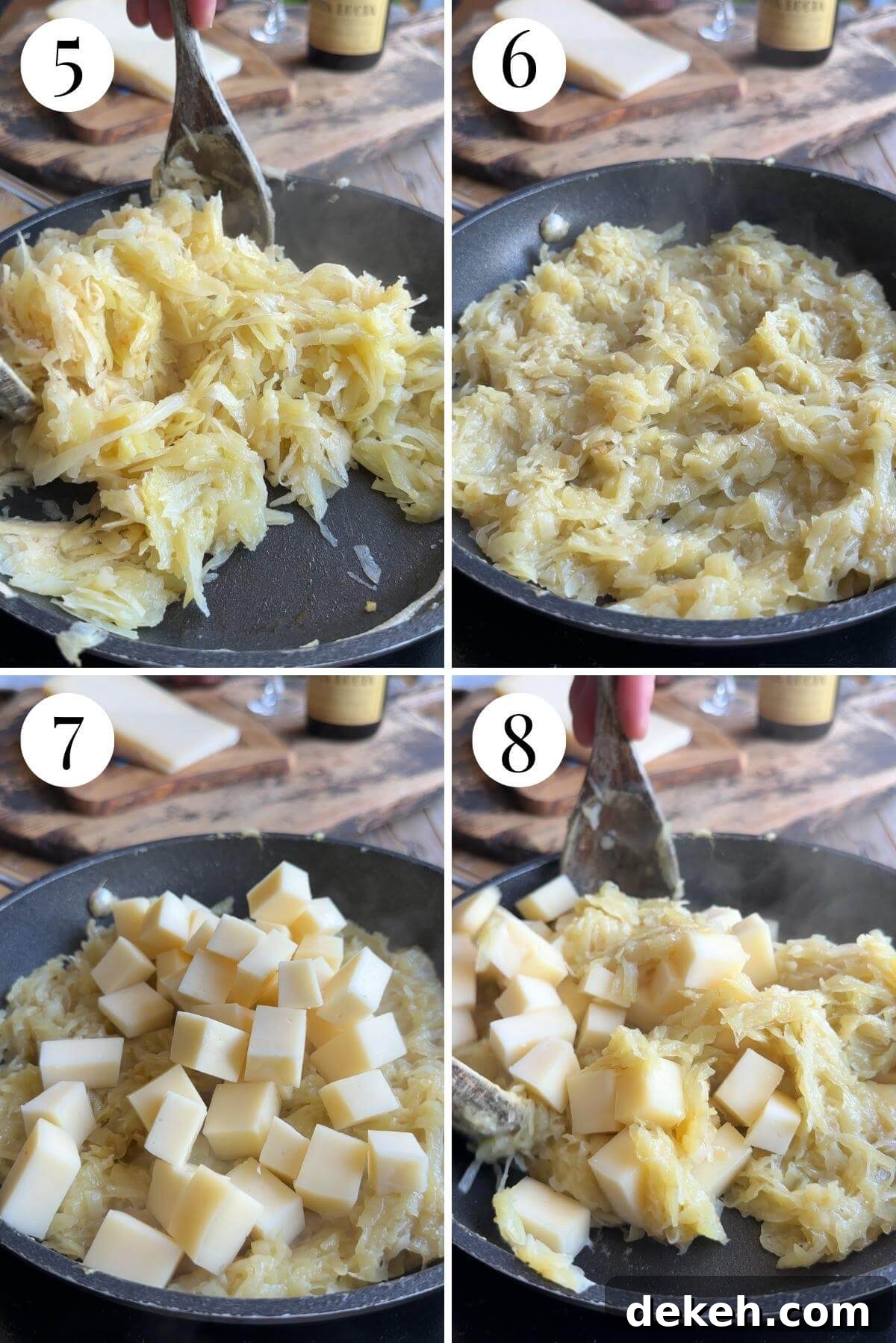 Four photos in a collage showing how to make a cheese potato and onion cake called Frico.