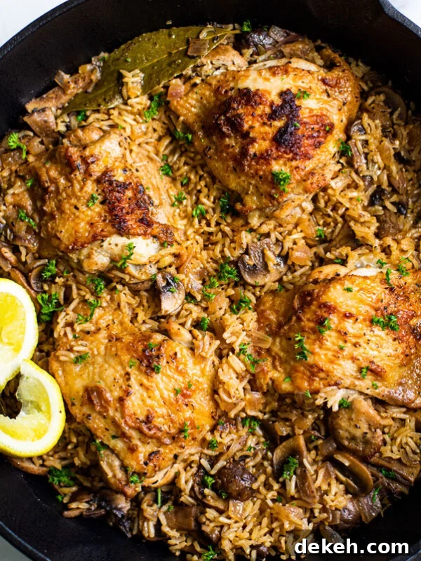 Close up of pan full of cooked rice, mushrooms, golden crisp chicken thighs, and lemon wedges.