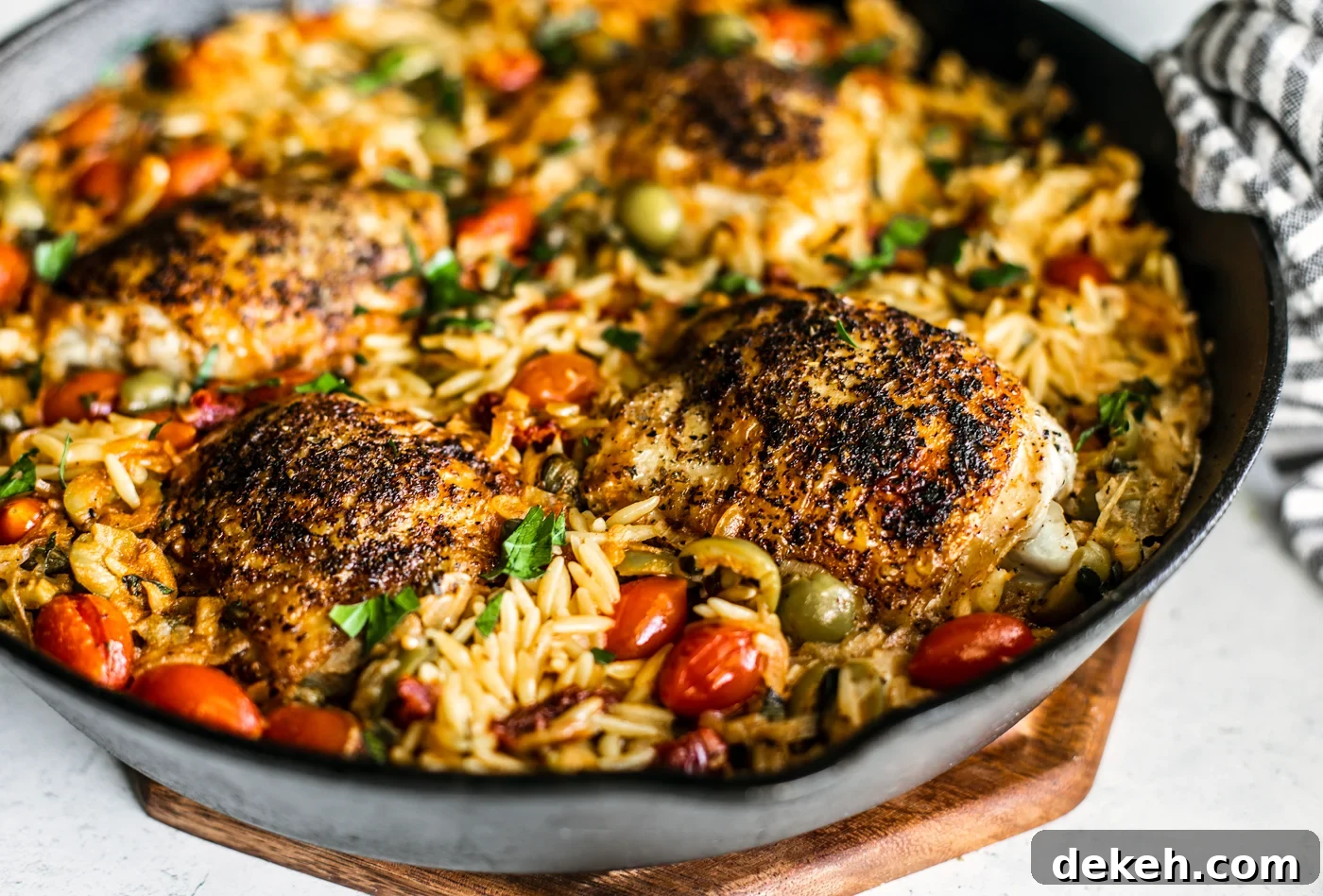 Close up side shot of crispy chicken in skillet full or orzo.