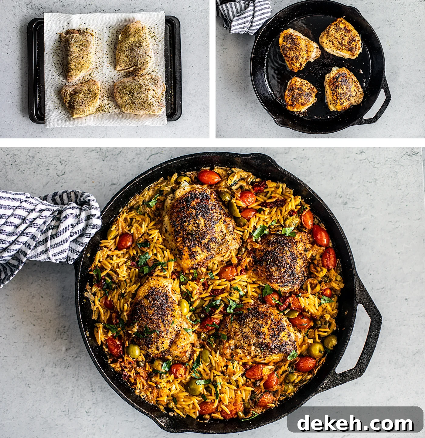 Overhead process shots of seasoned chicken, seared crispy chicken, and finished product.