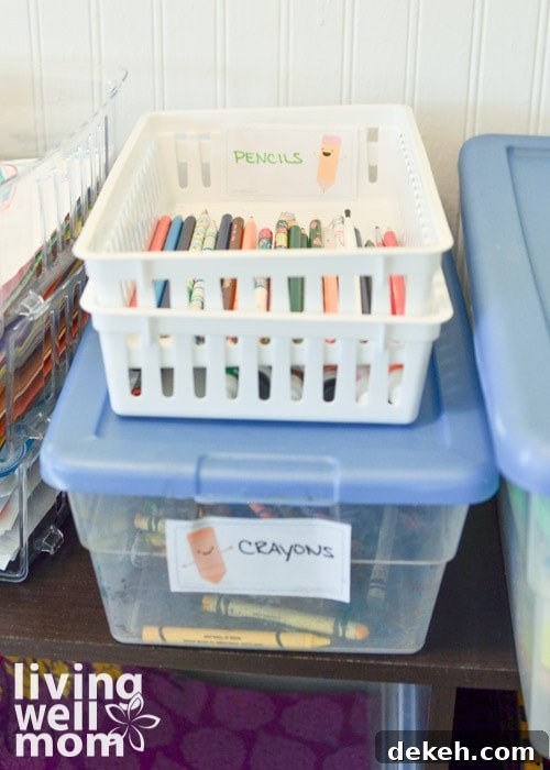 bins filled with crayons and pencils