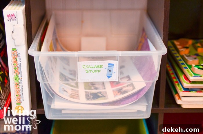 bin filled with kids craft supplies for collages