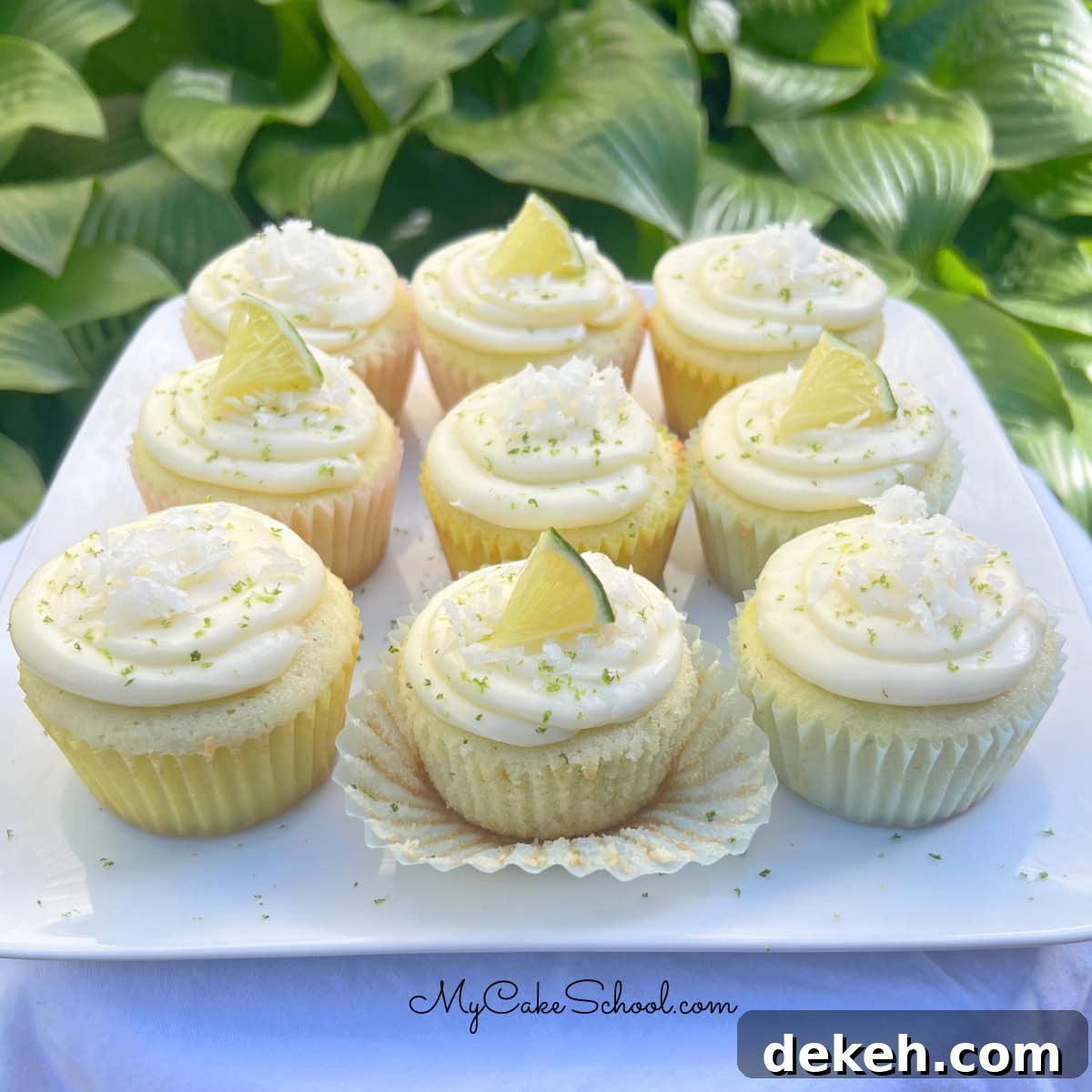 Lime cupcakes on a platter.