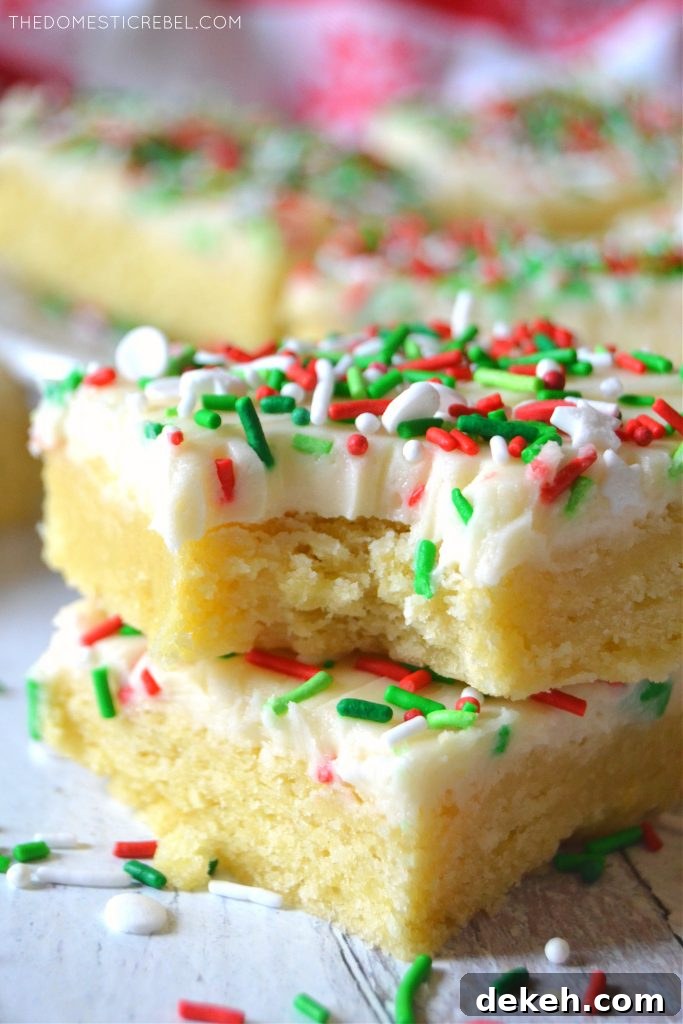 Close up of a bitten Christmas sugar cookie bar