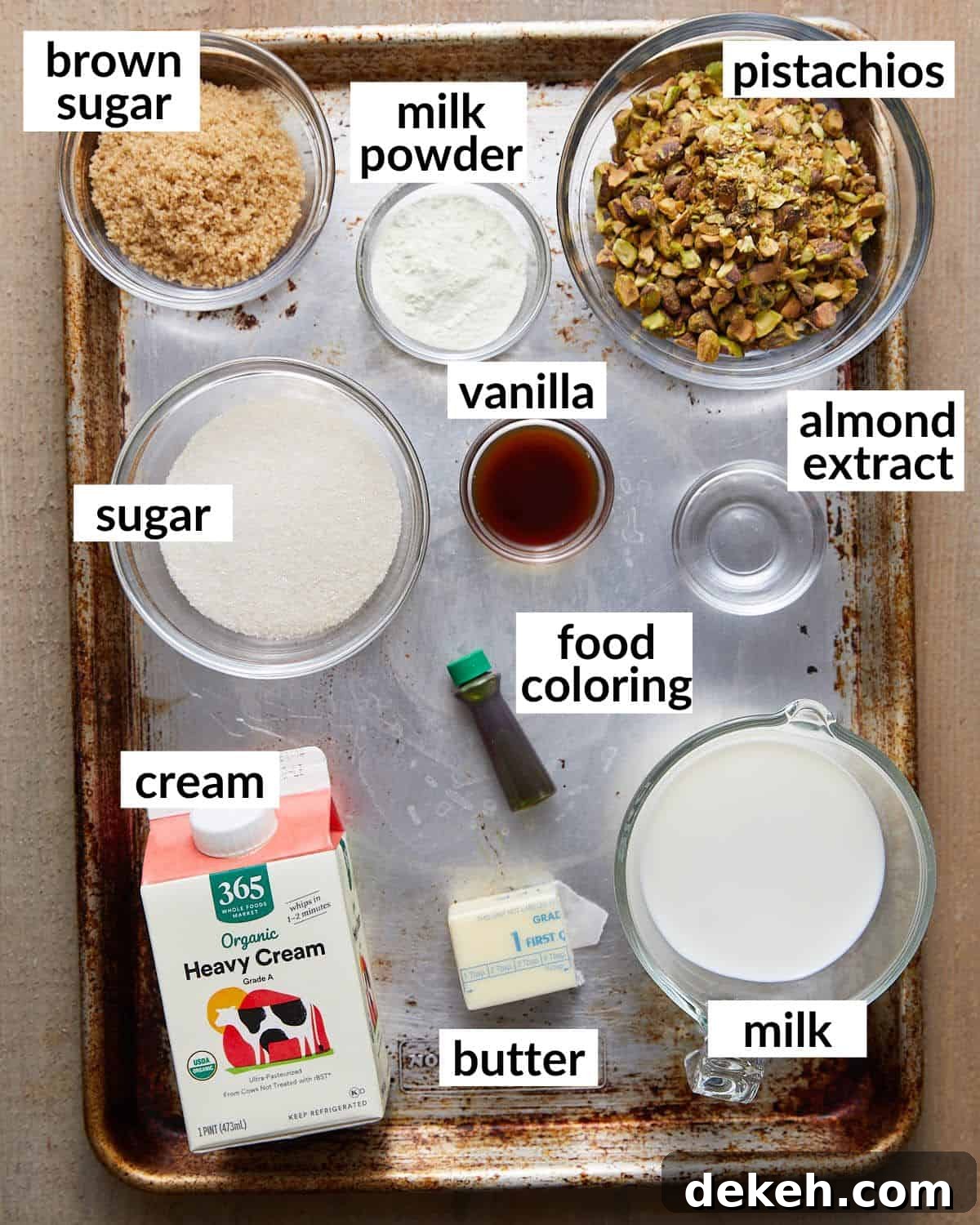 Overhead image of ingredients needed to make pistachio ice cream.