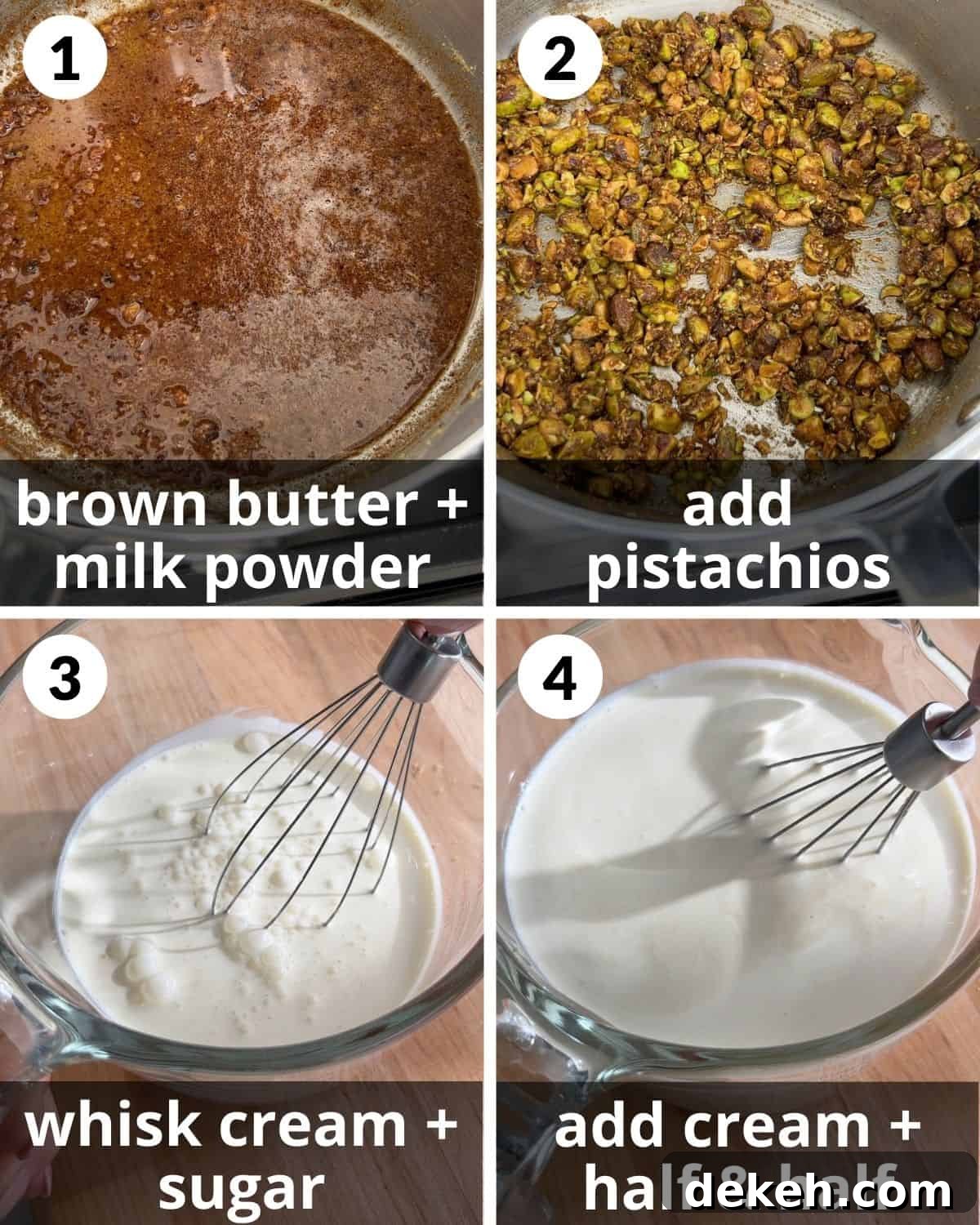 A 4 photo collage showing the beginning assembly of pistachio ice cream.