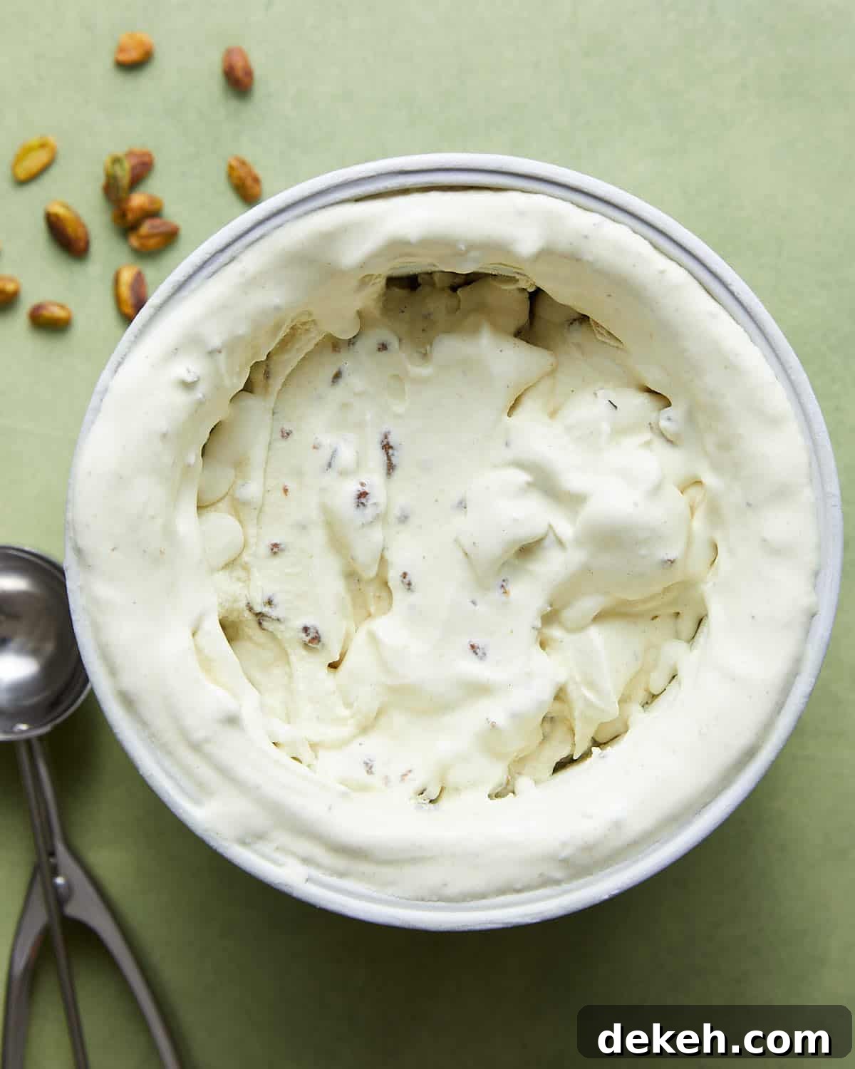 Overhead image of pistachio ice cream.