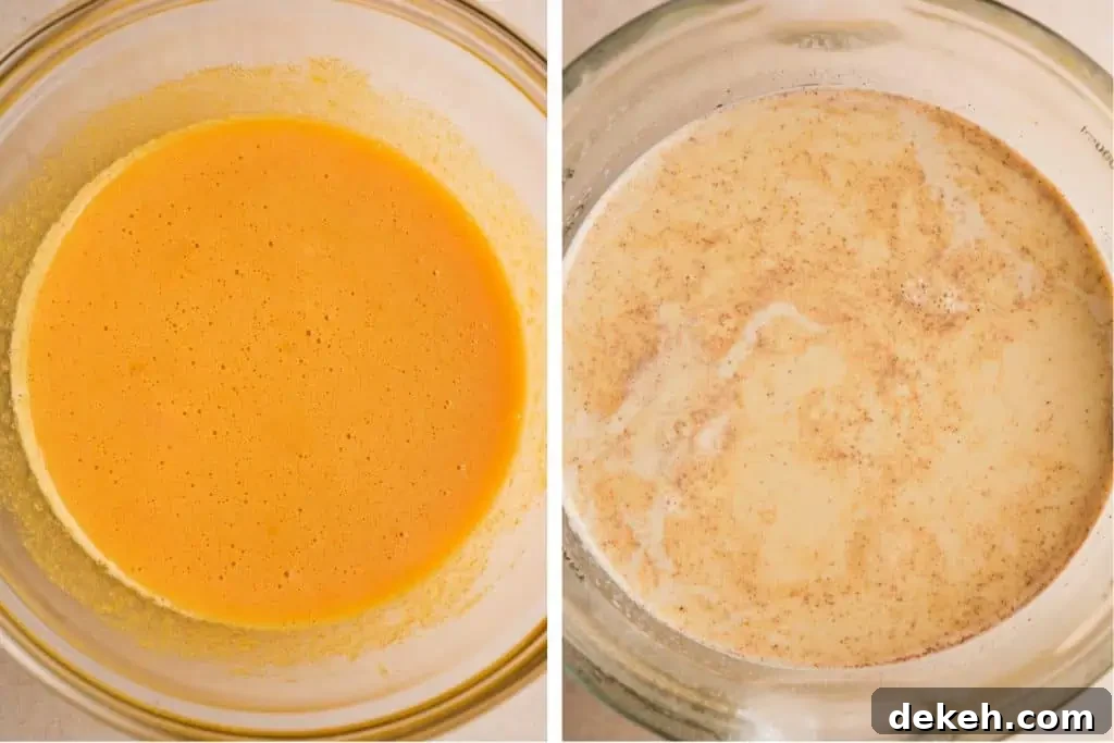 Side-by-side images showing the pumpkin egg mixture and the spiced cream mixture in glass bowls.