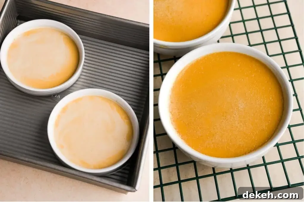 Pumpkin creme brulee in ramekins inside a baking pan for water bath, and cooled custards on a wire rack.