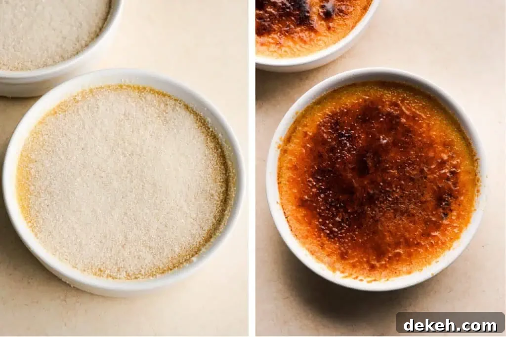 Two images of pumpkin creme brulee, one with a layer of sugar before caramelizing and the other with a torched, caramelized sugar crust.