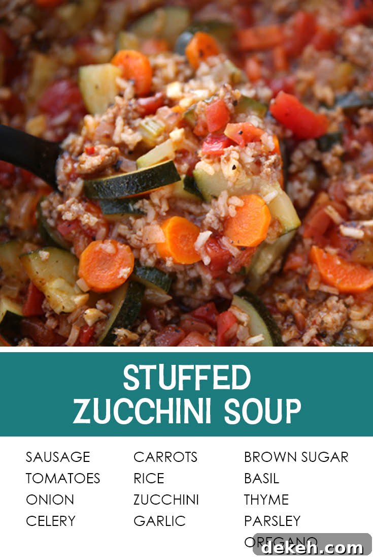 Pinterest picture with the text of the title of the recipe separating the photo of stuffed zucchini soup and the ingredients list.
