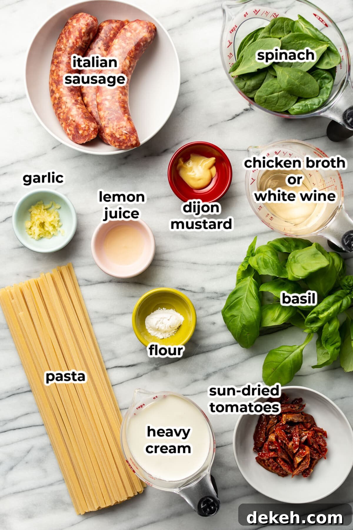 ingredients for tuscan sausage pasta in prep bowls