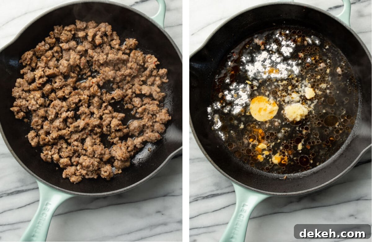 browning Italian sausage in a skillet and then making a sauce with broth and garlic and dijon
