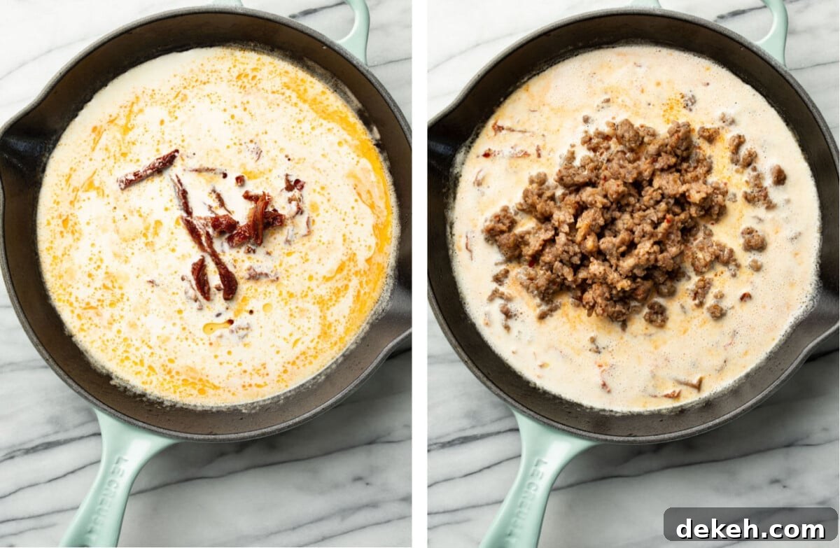 adding sun-dried tomatoes and cream to a skillet, then returning italian sausage